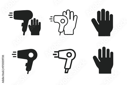 Styling Tools Logo Showcase. Blow dryer and styling tools. Set Logo of Blow dryer and styling tools: Heat-resistant glove. harmonious logo variations of the