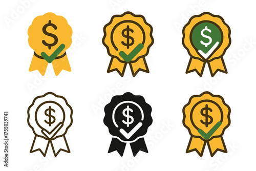 Minimum Wage Logos. Minimum wage laws. Set Logo of Minimum wage laws: Ribbon badge with dollar and checkmark. harmonious logo variations of the same emblematic