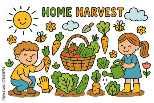 Kids' Garden Harvest. Home Harvest. Colorful Hand-drawn doodle Children illustration children picking vegetables, basket, carrots, tomatoes, lettuce, cucumber,