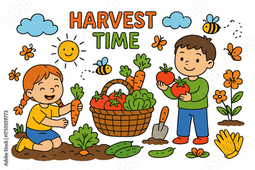 Cheerful Garden Harvest. Harvest Time. Colorful Hand-drawn doodle Children illustration children picking vegetables, basket, carrots, tomatoes, lettuce,