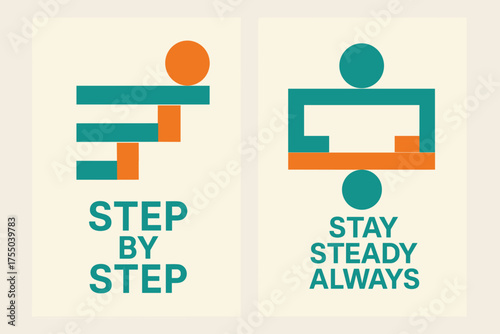 Geometric Balance Banners. Determination. Two vertical A6 banners with safe margins, centered composition, no elements touching edges, geometric style,