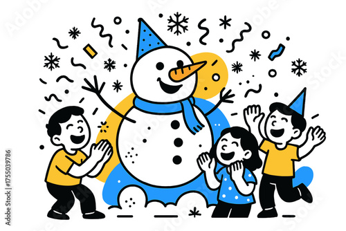 Frosty Celebration Fun. Frosty Party. Frosty the Snowman wearing a party hat, surrounded by floating confetti and snowflakes, children laughing and clapping