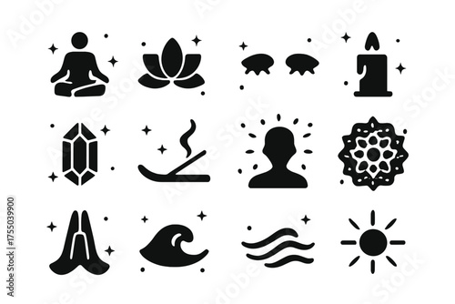 Meditation Icon Set. Meditation & Focus. Solid icons set of Meditation & Focus: sitting figure, lotus pose, closed eyes, candle, crystal, incense, aura,