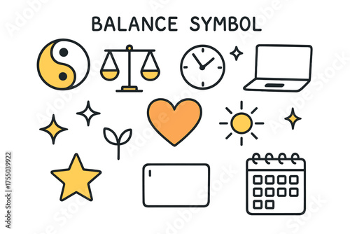 Symbolic Balance Doodle. Balance Symbol. Hand-drawn doodle illustration yin-yang (colored), scales (colored), clock, laptop, heart (colored), sparkle, sun,