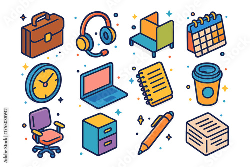 Colorful Office Icons. Professional Detachment. Colorful isometric vector icons set of Professional Detachment: briefcase, headset, desk divider, calendar,
