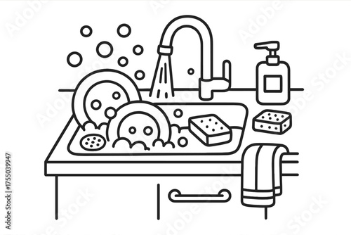 Cartoon Kitchen Sink Doodle. Kitchen Sink. Hand-drawn doodle illustration Kitchen Sink faucet sink countertop sponge soap drain strainer water towel bubbles