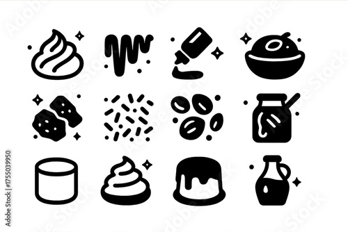Toppings & Sauces Icons. Toppings & Sauces. Solid icons set of Toppings & Sauces: whipped cream, caramel drizzle, chocolate syrup, fruit puree, chocolate