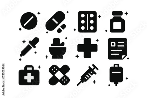 Pharmacy Icon Collection. Pharmacy. Solid icons set of Pharmacy: pill, capsule, blister pack, medicine bottle, dropper, mortar and pestle, cross symbol,