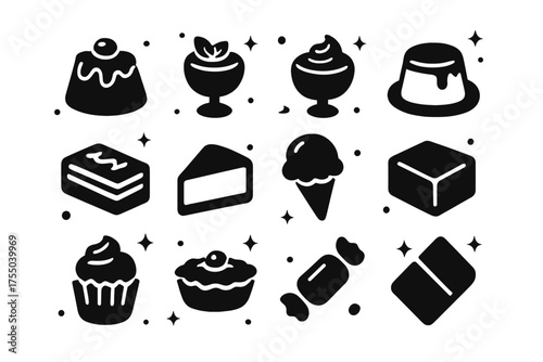 Sweet Treats Icons. Sweet Treats. Solid icons set of Sweet Treats: pudding, custard, mousse, flan, tiramisu, cheesecake, ice cream, brownie, cupcake, tart,