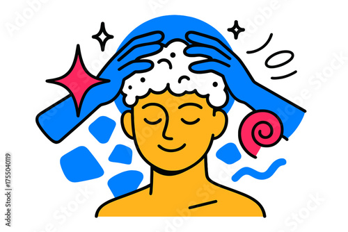 Rejuvenating Foam Massage. Foam Treatment. A glowing head covered in treatment foam with hands massaging scalp, abstract spark and swirl icons symbolizing