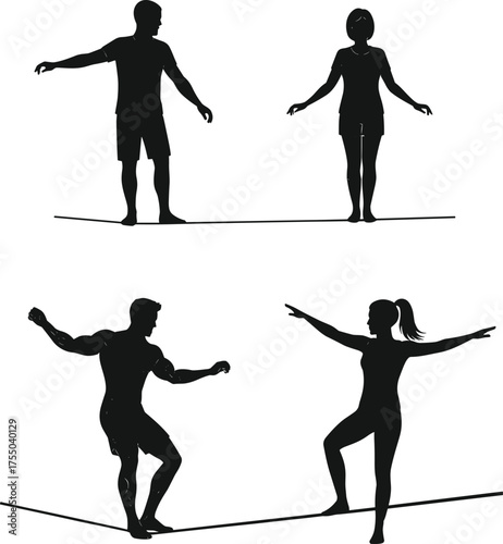 Silhouettes of people balancing on tightrope, coordination skill, focus, balance concept, circus performance, life challenge metaphor