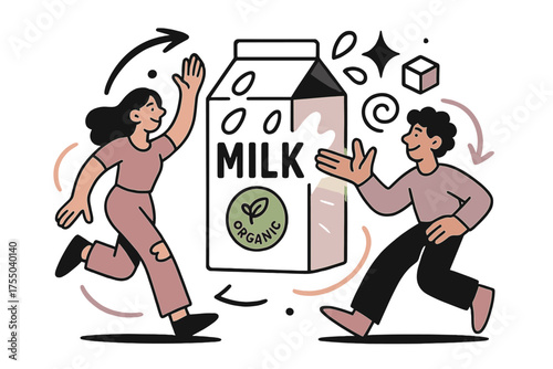 Eco-Friendly Milk Cartoon. Organic choice. Glowing milk carton with green eco-label and drops of milk floating. Floating icons of sparkle, cube, and swirl