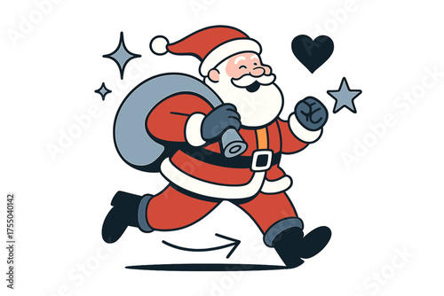 Santa's Joyful Eve. Christmas Eve. Glowing Santa holding rolled-up scroll under his arm, ready to deliver presents. Floating icons of sparkle, heart, and star