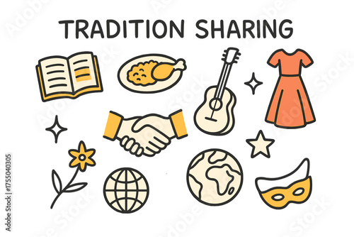Cultural Exchange Doodles. Tradition Sharing. Hand-drawn doodle illustration book (colored), food plate (colored), musical instrument, dress (colored),