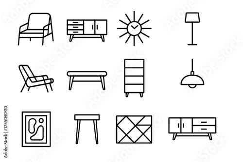 Mid-Century Modern Icons. Mid-century modern. Line icon set of Mid-century modern: armchair, teak sideboard, sunburst clock, floor lamp, lounge chair, coffee