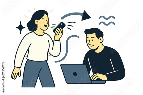 Dynamic Work Collaboration. Work anywhere. Glowing professional sending a voice note from phone, while colleague reads later on laptop. Floating icons of