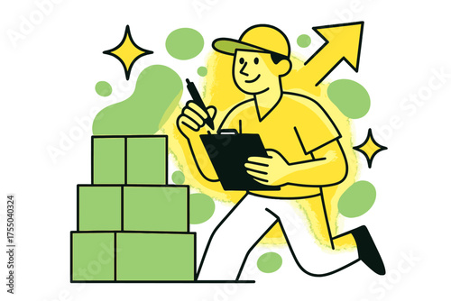 Inventory Check Illustration. Inventory Check. A glowing worker with clipboard and pen counting stock, abstract floating spark and arrow icons symbolizing