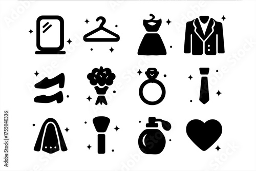Dressing Room Icons. Dressing room. Solid icons set of Dressing room: mirror, hanger, wedding dress, suit, shoes, bouquet, ring, tie, veil, makeup brush,