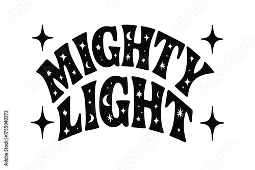 Celestial Font Design. Mighty Light ? Decorative Display Lettering, playful fills with stars, crescents, and rays inside letters, arched curved word-shape