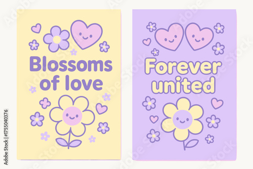 Kawaii Love Banners. Blossoms of love. Two vertical A6 banners with safe margins, centered composition, no elements touching edges, kawaii, pastel yellow and
