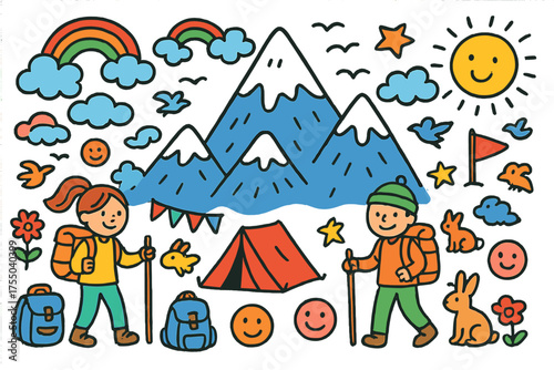 Colorful Mountain Adventure. High Mountain. Colorful Hand-drawn doodle Children illustration mountain peaks, snow, clouds, sun, hikers, backpacks, walking