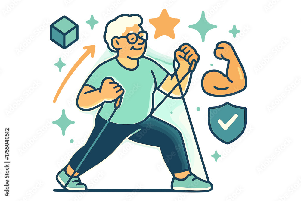 Fototapeta premium Vibrant Senior Fitness. Senior fitness. Glowing older adult using resistance bands with glowing icons of strength and safety around. Floating icons of sparkle,
