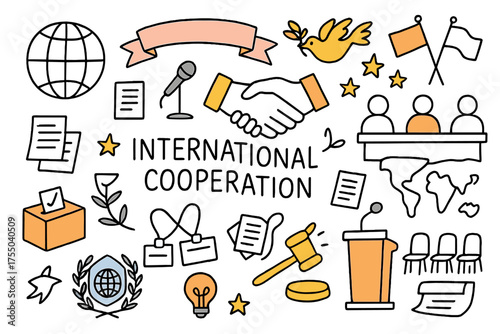 Global Unity Symbols. International Cooperation. Hand-drawn doodle illustration Globe, handshake, flags, delegates, conference table, documents, podium,