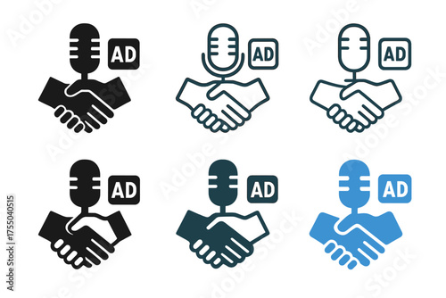 Podcasting Logo Variations. The rise of podcasting as a marketing tool. Set Logo of The rise of podcasting as a marketing tool: Sponsorship handshake with a