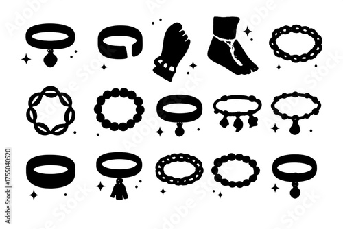 Foot Jewelry Icons. Foot Jewelry. Solid icons set of Foot Jewelry: anklet, toe ring, barefoot anklet, chain anklet, shell anklet, beaded anklet, pendant