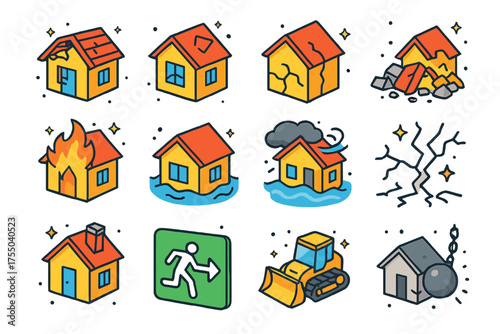 House Collapse Icons. House Collapse. Colorful isometric vector icons set of house collapse: collapsed roof, broken window, cracked wall, debris pile, burnt