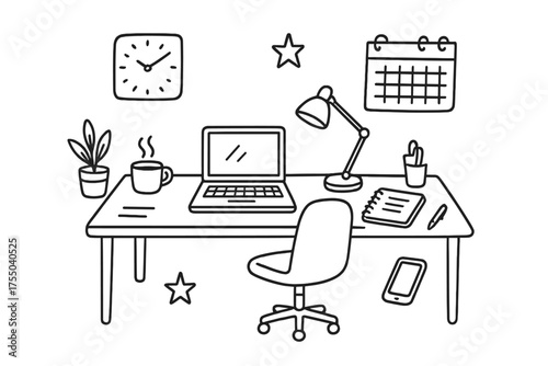 Creative Desk Doodle. Organized desk. Hand-drawn doodle illustration organized desk desk, chair, laptop, plant, lamp, notebook, pen, clock, phone, coffee cup,