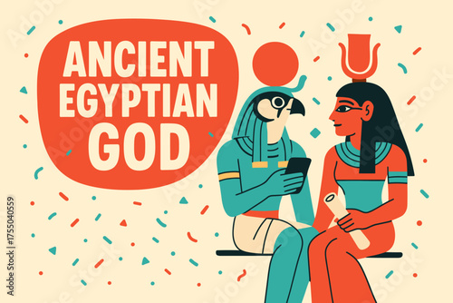 Egyptian Gods Cartoon Banner. Ancient Egyptian God banner, flat vector illustration, bold oversized text inside rounded blob, cartoon characters sitting and