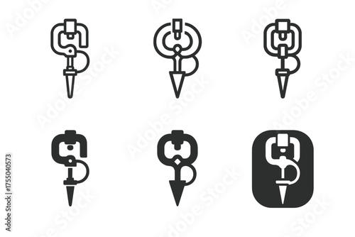 Electrical Logo Variations. Electrical line installers repairing power lines. Set Logo of Electrical line installers repairing power lines: grounding rod and