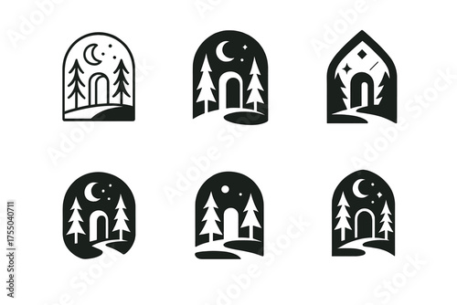 Magical Forest Logos. Magical forests. Set Logo of Magical forests: moonlit clearing with a mysterious portal. harmonious logo variations of the same