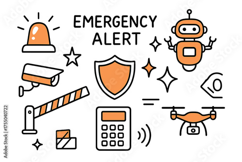 Security Alert Doodles. Emergency Alert. Hand-drawn doodle illustration alarm (colored), security robot (colored), camera (colored), barrier, shield, sparkle,