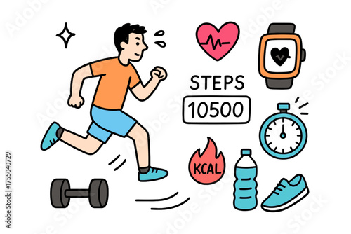 Fitness Tracker Doodles. Fitness Tracking. Hand-drawn doodle illustration running figure (colored), heart rate icon, smartwatch (colored), steps counter,