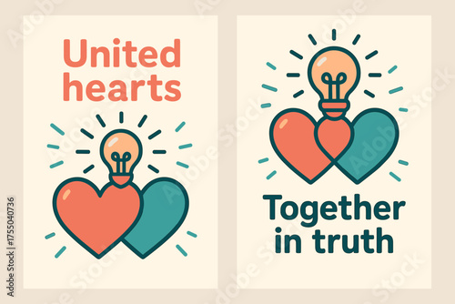 United Hearts Banners. United hearts. Two vertical A6 banners with safe margins, centered composition, no elements touching edges, cartoon, coral and teal,