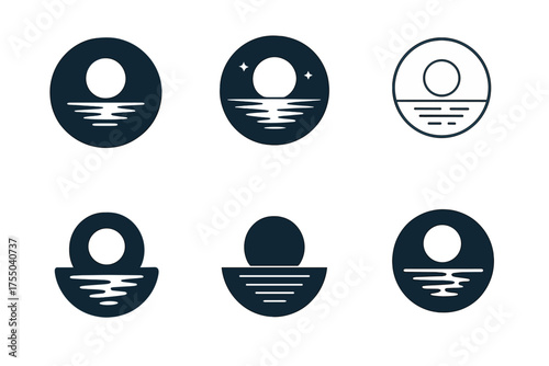Moonlight Logo Variations. Moonlight. Set Logo of Moonlight: moon reflection on a still lake. harmonious logo variations of the same emblematic concept, each