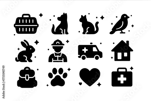 Pet Evacuation Icons. Pet evacuation. Solid icons set of Pet evacuation: pet carrier, dog, cat, bird, rabbit, firefighter, ambulance, house, backpack, paw