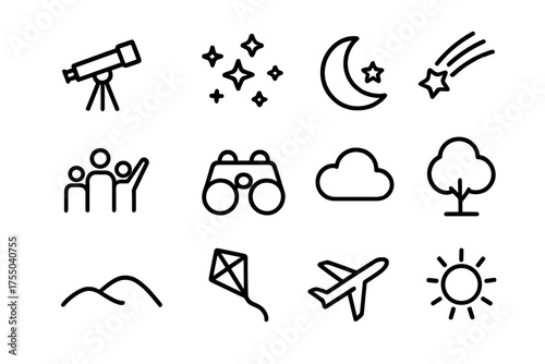 Night Sky Icons. Night sky observation. Line icon set of Night sky observation: telescope, stars, moon, comet, group of people, binoculars, cloud, tree