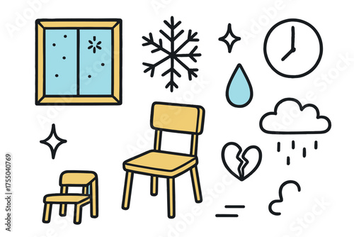 Winter's Emptiness Doodle. Cold Room. Hand-drawn doodle illustration window (colored), snowflake (colored), empty chair (colored), sparkle, star, shadow,