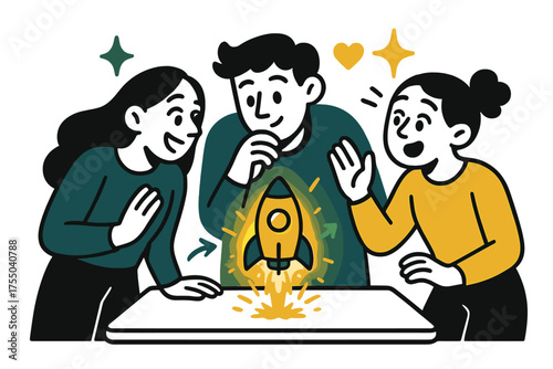 Rocket Science Project. Mini rocket. Glowing small rocket lifting off a table, like a science project, with sparks around it. Floating icons of sparkle, heart,