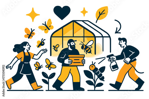 Eco-Friendly Farming Scene. Eco-friendly farming. Glowing greenhouse with butterflies and bees pollinating while pests are managed. Floating icons of sparkle,