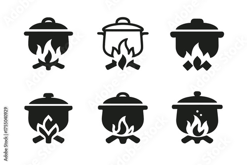 Stew Logo Variations. Making stew. Set Logo of Making stew: simmering flame under pot. harmonious logo variations of the same emblematic concept, each with