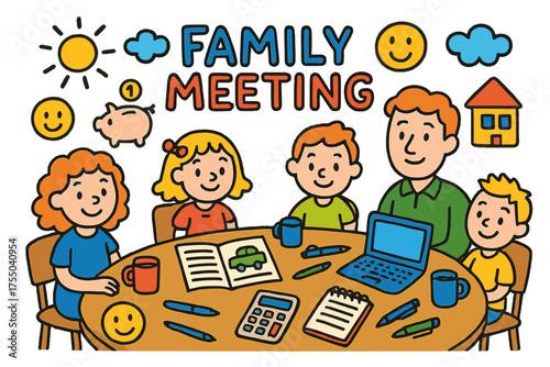 Colorful Family Gathering. Family Meeting. Colorful Hand-drawn doodle Children illustration family members, car brochure, laptop, notebook, calculator, coffee