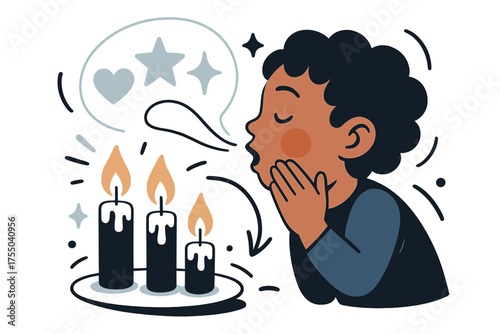 Whispers of Hope. Making dreams. Glowing child whispering wish toward flickering candles before blowing. Floating icons of heart, star, and sparkle symbolizing