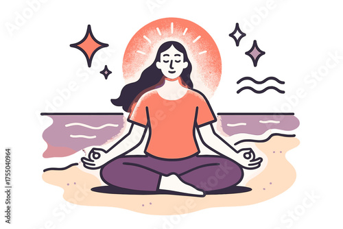 Serene Beach Yoga. Peaceful shore. Glowing yoga pose on sandy beach with waves lapping nearby. Floating icons of sparkle, star, and wave symbolizing