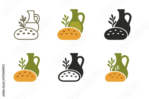 Focaccia Logo Variations. Baking a rustic focaccia bread with herbs and olive oil. Set Logo of Baking a rustic focaccia bread with herbs and olive oil: olive