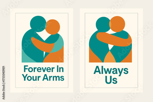 Abstract Hugging Figures. Affection. Two vertical A6 banners with safe margins, centered composition, no elements touching edges, geometric style, turquoise