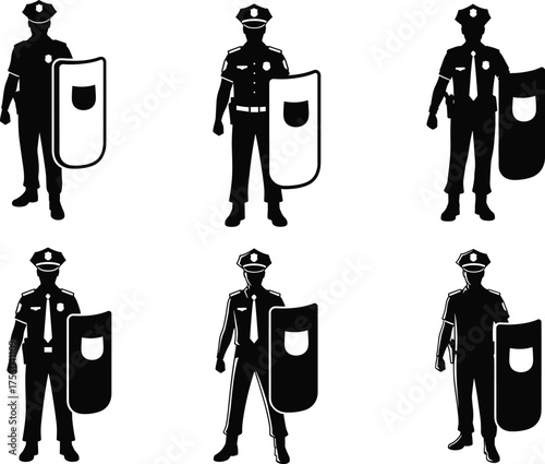 Silhouettes of police officers with riot shields, law enforcement authority, public safety, security defense, uniformed protection illustration concept